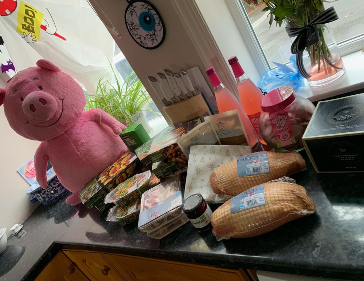 A stuffed Percy Pig and a range of M&S Christmas Food in the kitchen at Bluebell Wood Children’s Hospice.