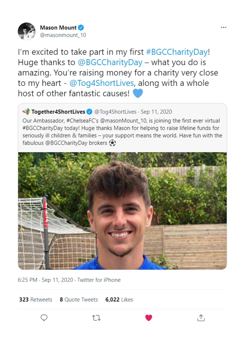 A screen shot of Mason Mount’s tweet where he says he is excited to take part in his first BGC charity day.